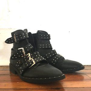 Studded Buckled Black Ankle Boots Sz 8